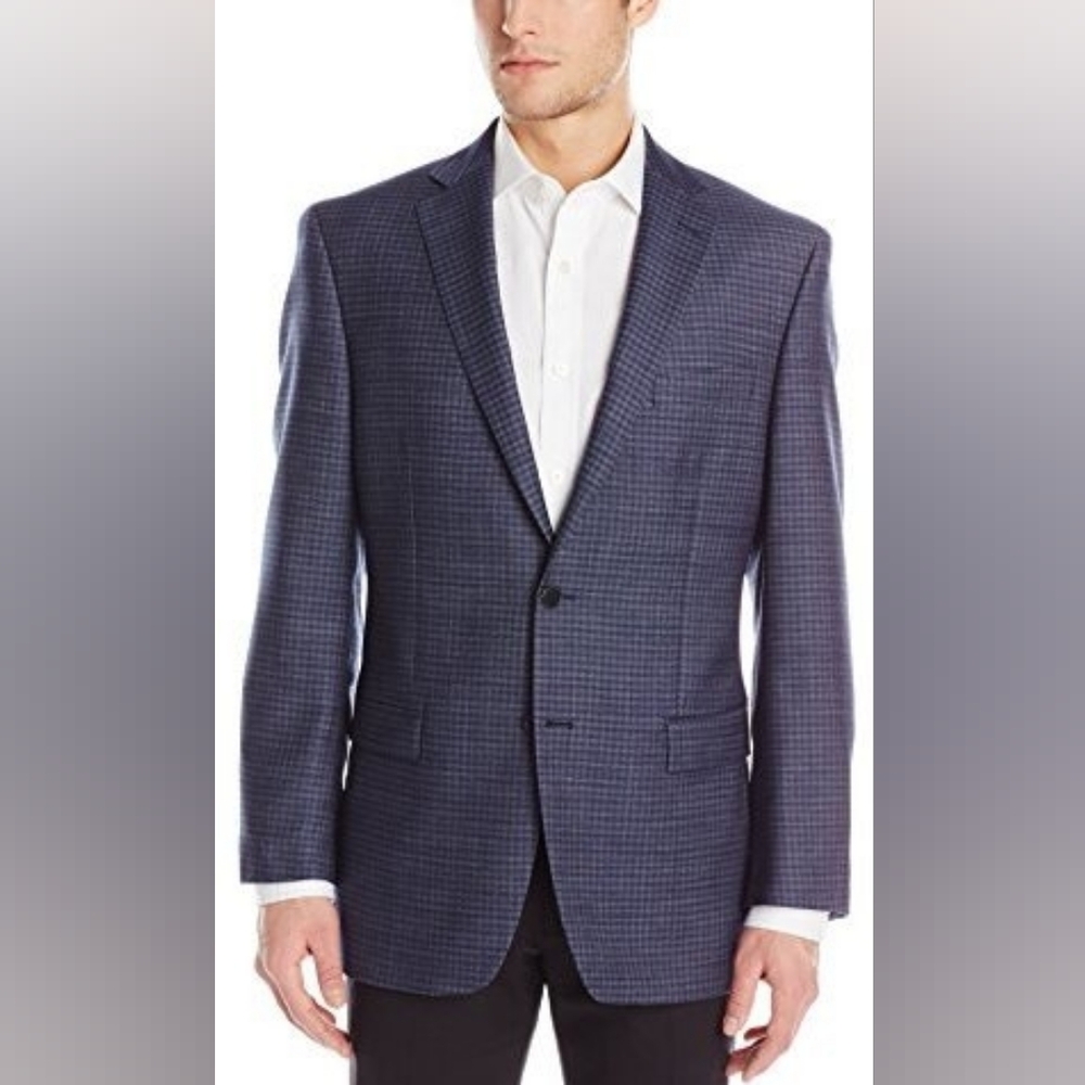 Calvin Klein Sport Coat Mens Size 38R Blue Plaid 100% Wool 2 Button